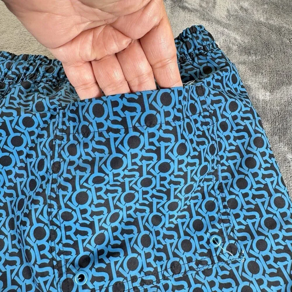 Michael Kors Sz XXL Mens Swim Shorts Allover AOP Logo Spelling BLUE Black